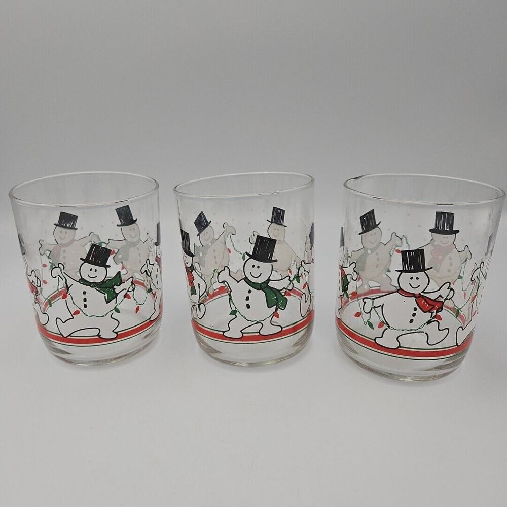 3 VTG Libbey Dancing Snowman Lowball Glasses. EUC Free Shipping‎